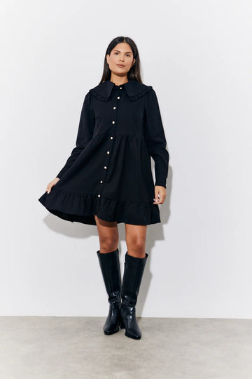 Black Peter Pan Collar Button Up Smock Mini Dress